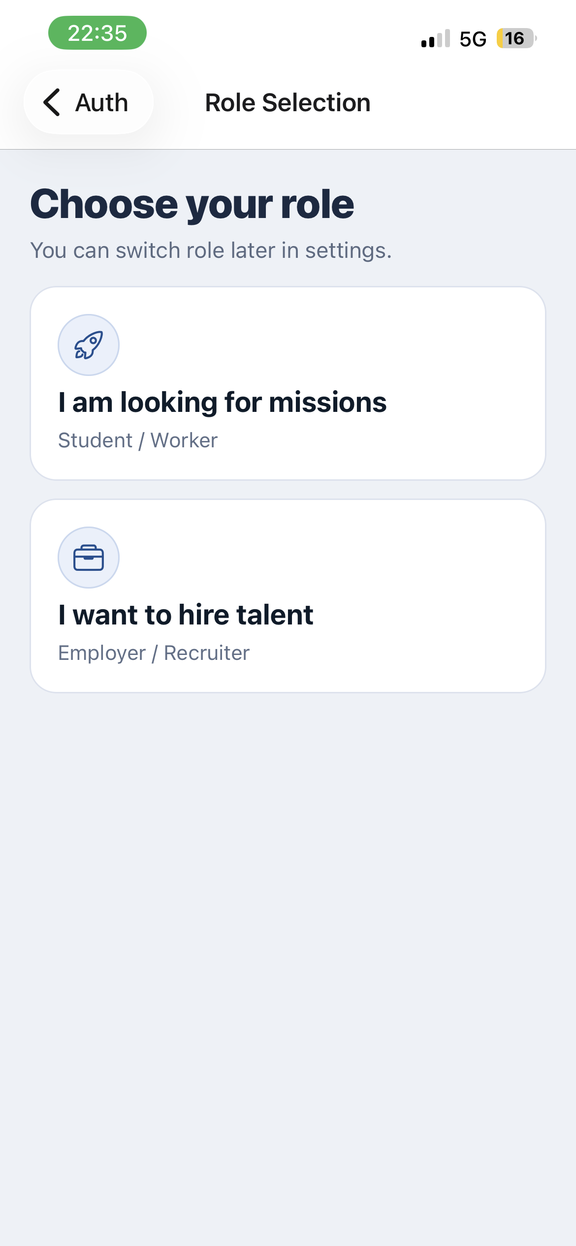 Choose worker or employer role